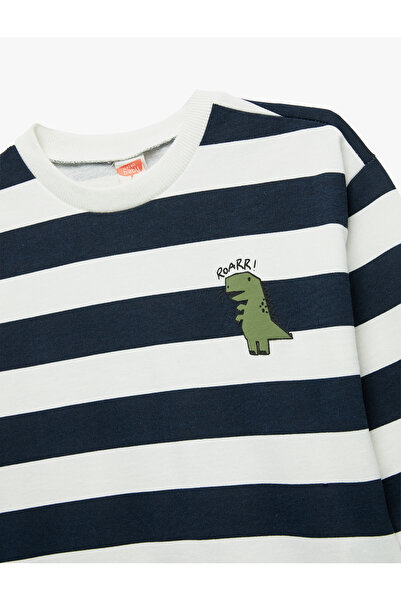 Koton Pamuklu Şardonlu Uzun Kollu Bisiklet Yaka Dinozor Baskılı Çizgili Sweatshirt