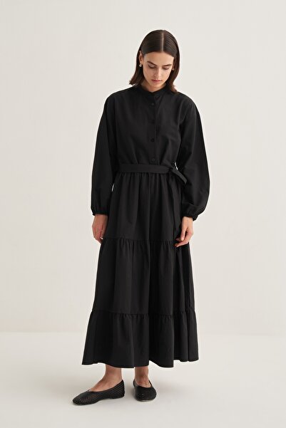 EBU Prive Women's Gathered Poplin Layered Dress Black