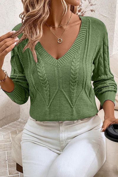 TRQOM Women's Hair Braided V-Neck Mint Knitwear Sweater