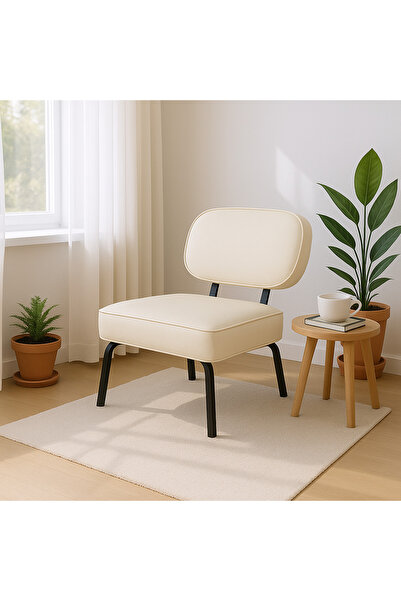 Azra Mobilya Luna Modern Deri Kaplama Metal Ayaklı Berjer / Sandalye Krem