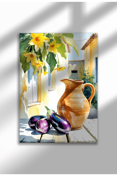 21mxm Imprimeu pe pânză fără ramă cu natură statică în bucătărie, vinete și ulcior de lut, A3, poster mediteranean