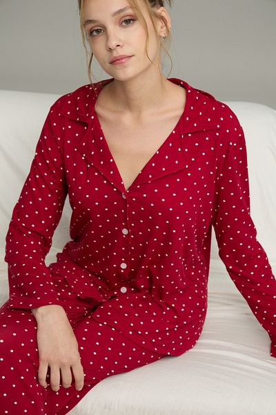 Siyah İnci Red Points Pattern Shirt Collar Button Milan Knitted Pajamas Suit25224016