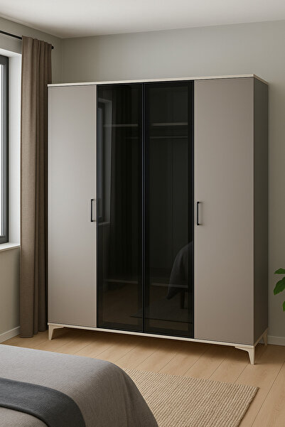 arionkids Deniz 4 Kapaklı MDF Dolap | Ağaç Ayaklar | REHAU Kaplama Kapaklar | Antireflekte Cam Kapaklar