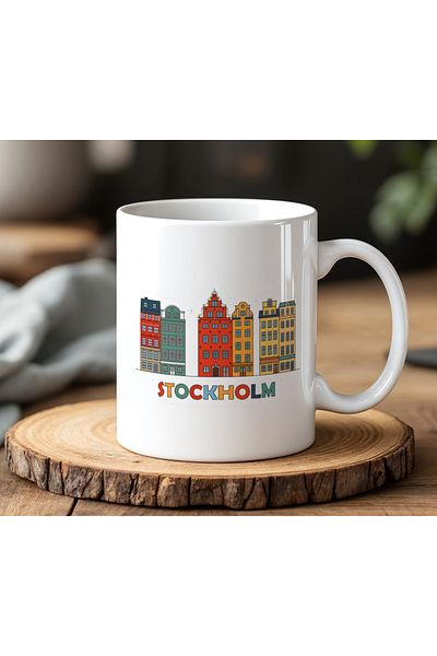 BB TRADE Stockholm Sticker Designed White Ceramic Printed Mug 330ml
