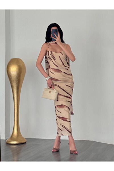Coral İnce Askılı Desenli Elbise Bej