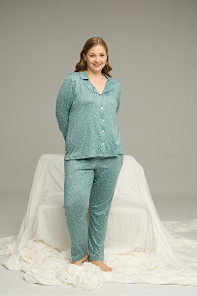 Siyah İnci Green Patterned Large Size Oversized Shirt Collar Button Milan Knitted Pajamas Suit25224318