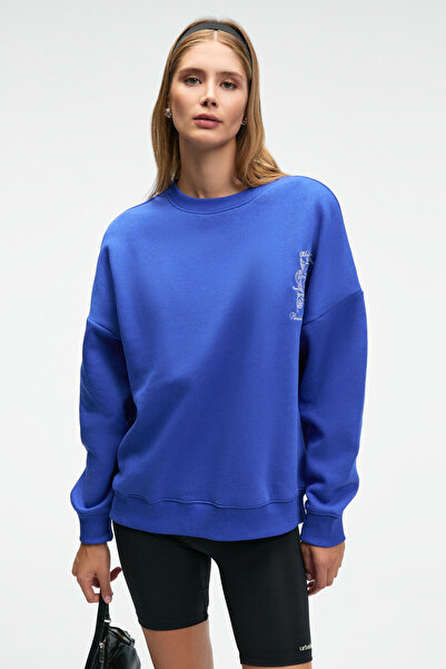 GRIMELANGE Audra Women's Oversize Round Neck Blue Sweatshirt with Embroidery Detail