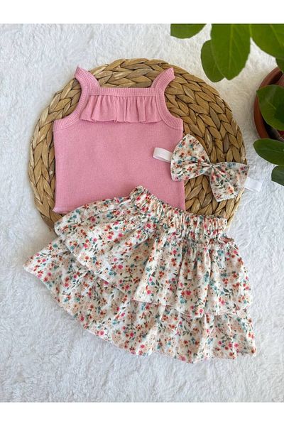AKİF GİYİM Girl's Floral Flower Patterned Ruffle Skirt Bluz Bandana Set