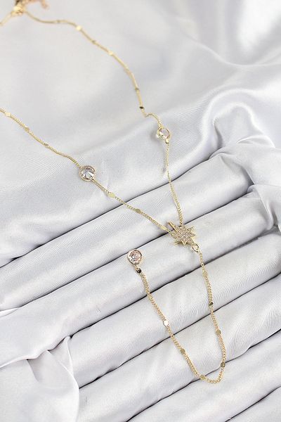 SeyCey.co Brass Zircon Stone Pole Star Model Gold Color Y Necklace