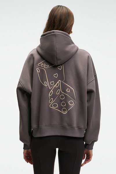 GRIMELANGE Jasses Women's Oversize Embroidered Hooded Anthracite Sweatshirt