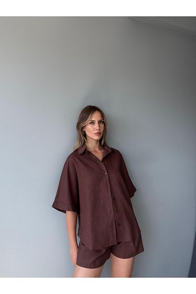 AlisaSu Brown 100% Linen Pocket Shorts Shirt Suit