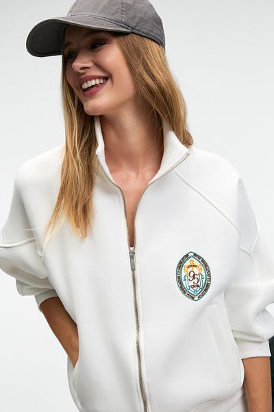GRIMELANGE Tormenta women's embroidered zippered Mock Neck double pocket raglan sleeve white sweatshirt