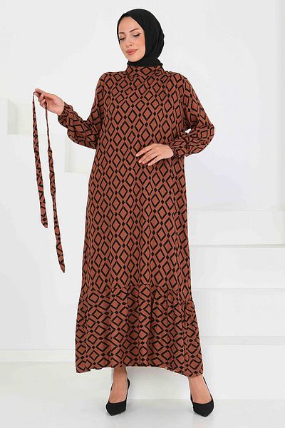 TOFİSA Patterned Belted Dress Brown - 27520
