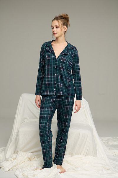 Siyah İnci Green Plaid Pattern Shirt Collar Button Milan Knitted Pajamas Suit25224037