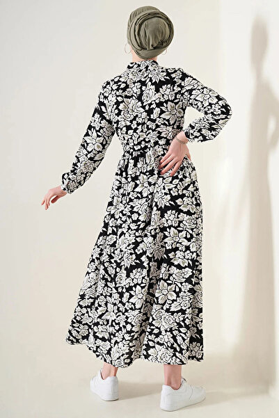 hazelin Γυναικείο μακρύ καλοκαιρινό φόρεμα με μαύρο σχέδιο με γιακά δικαστή HZL25W-BD122971