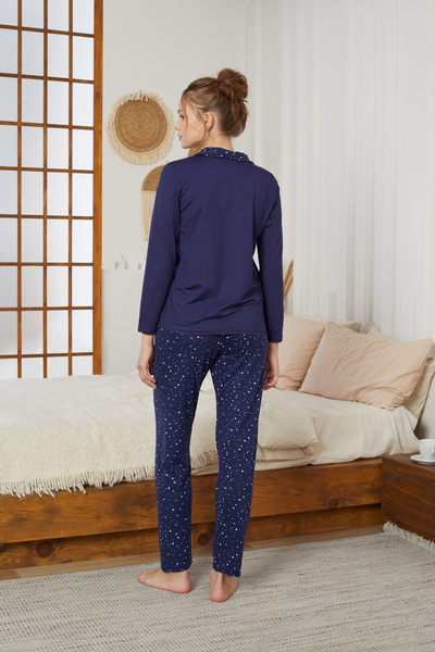 Siyah İnci lacivert yıldız Desenli Gömlek Yaka Düğmeli Milan Örme Pijama Takım25224007