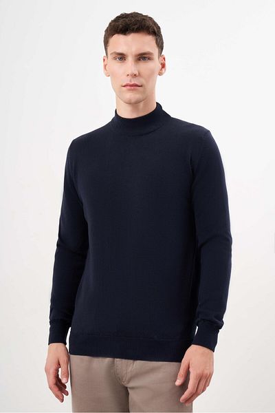 Morven Men's Navy Blue Basic Half Turtleneck Dynamic Fit Comfortable Cut Knitwear