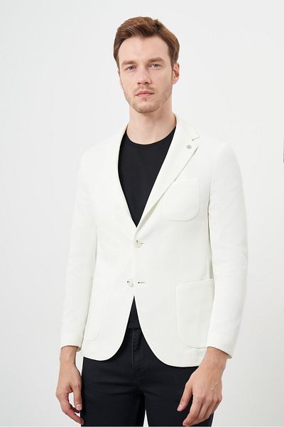 Morven Men's White Knitted Slim Fit Bag Pocket Mono Collar Sports Jacket