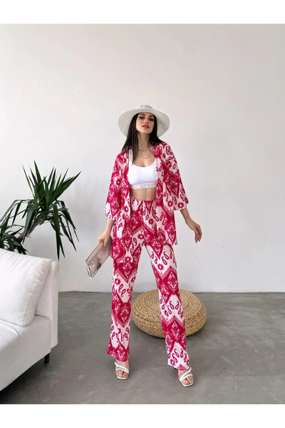 BEEMU Patterned Kimono &amp;   Pants Double Set