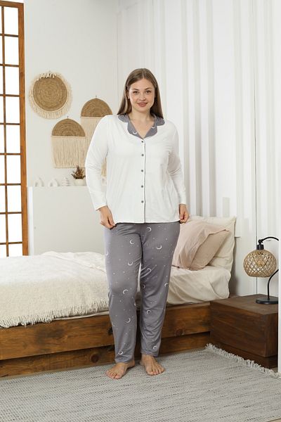 Siyah İnci Ecru Patterned Large Size Oversized Shirt Collar Buttoned Milan Knitted Pajama Set25224312