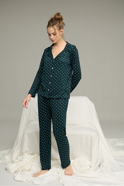 Siyah İnci Petrol Points Patterned Shirt Collar Buttoned Milan Knitted Pajamas Suit25224035
