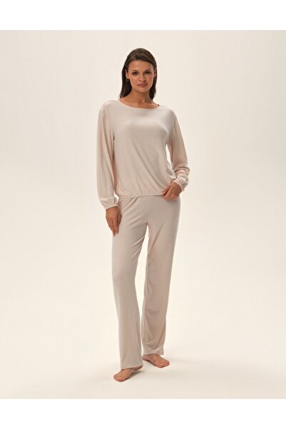 ESOTIQ Set pijamale pentru femei, format din două piese, tricou cu mânecă lungă și pantaloni lungi, cu imprimeu nervuri | Janna