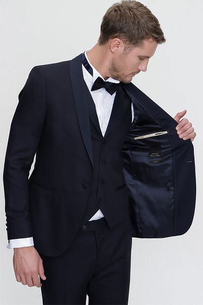 Morven Men's Navy Blue Santorin Ceremonia Jacquard Slim Fit Slim Fit Groom Suit