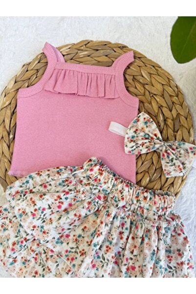 AKİF GİYİM KIZ ÇOCUK FLORAL ÇİÇEK DESENLİ FIRFIRLI ETEK BLUZ BANDANA TAKIMI