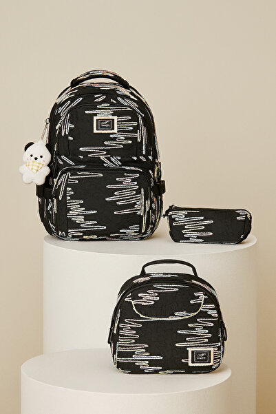 nacar çarşı Κοριτσίστικη σχολική τσάντα με μοτίβο ζιγκ-ζαγκ, μαύρη, 3 τεμαχίω...