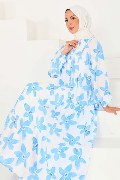 TOFİSA Buttoned Patterned Dress Blue - 27514