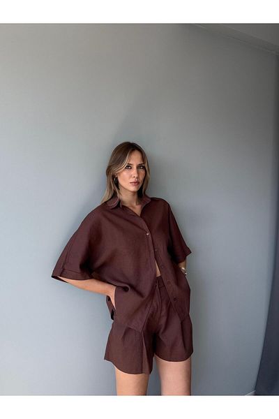 AlisaSu Brown 100% Linen Pocket Shorts Shirt Suit