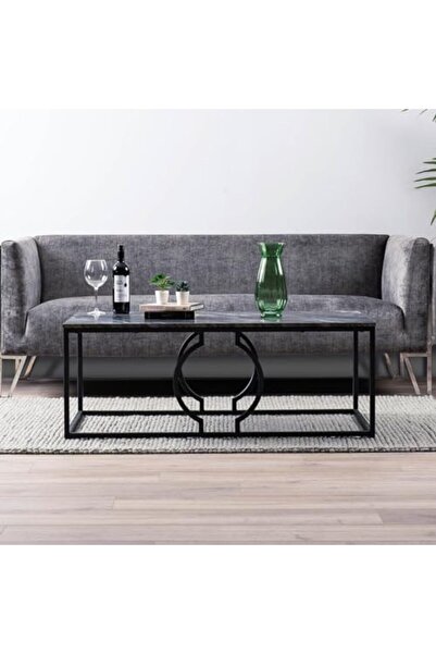 Vanity Living Rectangular Coffee Table for Living Room Furniture, Black & White Wooden Top Marble Te