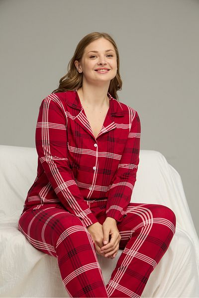 Siyah İnci Plaid Pattern Large Size Oversized Shirt Collar Button Milan Knitted Pajamas Suit25224325