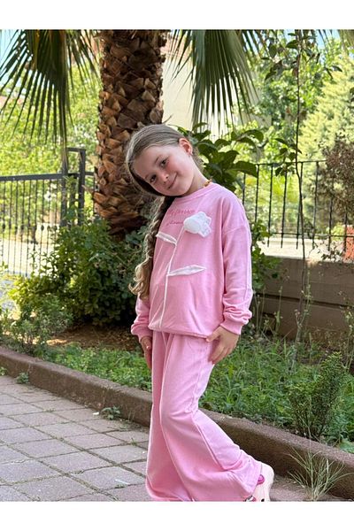 GÖKJOY BUTİK Premium Quality Embroidery and Rose Detail Girl's Tracksuit Set
