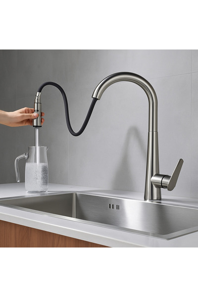 RENA DESIGN SPİRALLİ MUTFAK EVYE BATARYA ANTRASİT ÇEK BIRAK UZAYAN İKİ MODLU BAŞLIK FISKİYE MUSLUK YENİ ARMATÜR