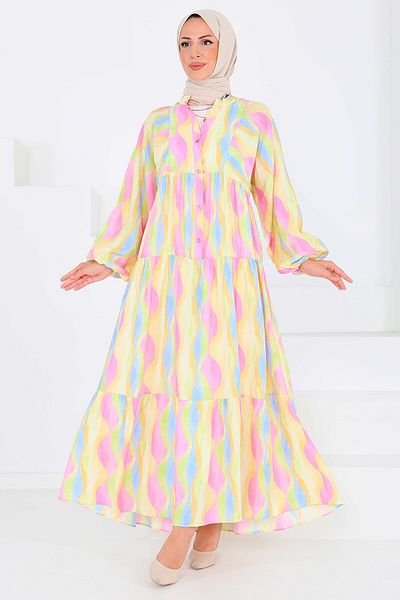 TOFİSA Buttoned Patterned Dress Pink - 27515