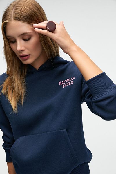 GRIMELANGE Yumea Women's Oversize Hooded Printed Navy Blue Sweatshirt