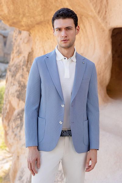 Morven Men's Blue Woven Slim Fit Bag Pocket Mono Collar Sports Jacket