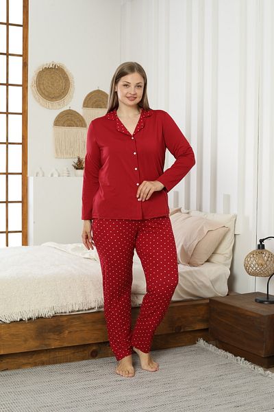 Siyah İnci Burgundy Patterned Large Size Battal Size Shirt Collar Buttoned Milan Knitted Pajamas Suit25224309