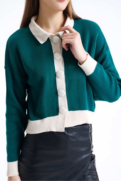sole stories Women's Contrast Detail Long Sleeve Polo Neck Knitwear Cardigan