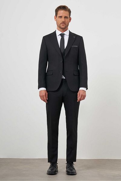 Morven Men's Black Polyviscon Basic Vest Jacquard Pattern Slim Fit Pointed Collar Suit