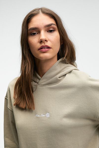 GRIMELANGE Camellia Women's Front Embroidered Hem Slit Hooded Comfort Fit Stone Color Sweatshirt