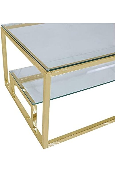 Vanity Living Coffee Table for Living Room, 2 Tier Modern Tempered Glass Tabletop with Lazzaro Gold