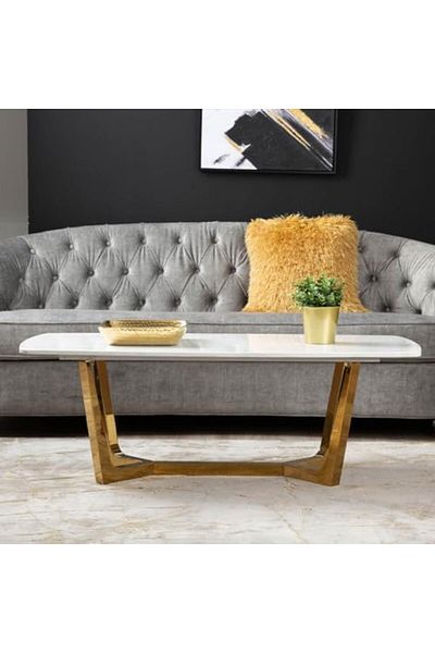 Vanity Living طاولة قهوة كبيرة لأثاث غرفة المعيشة، سطح من حجر الرخام الصناعي الأبيض في المنتصف