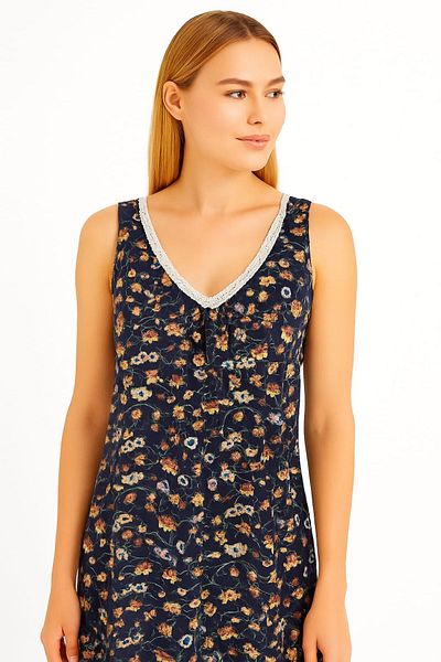 enmodaiçgiyim Navy Blue 100% Cotton Viscose Women's Nightdress–Floral Pattern, V-Neck, Lace Detail, Stretchy Summer Home Wear