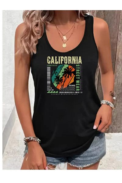mercoledi Women's Colorful Printed Slim Fit Hollow Collar Swimmer Tank Top T-Shirt