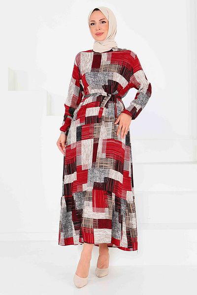TOFİSA Patterned Belted Dress Red - 27518