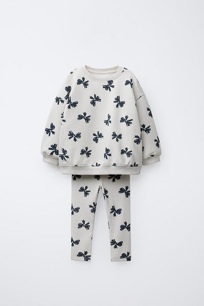Magu Girls' Cotton Cream Bow Patterned Sweatshirt and Leggings Set