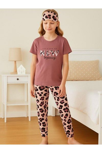 Zekids Girls' Cotton Short Sleeve Leopard Patterned Pajamas Set (Sleep Headband Included)