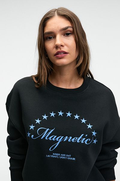 GRIMELANGE Vistara women's embroidered round neck regular fit black sweatshirt